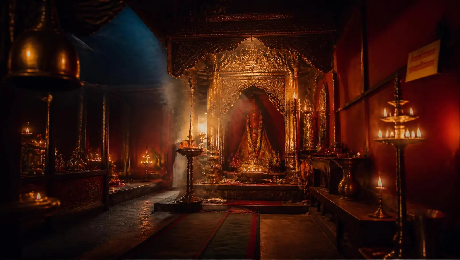Mystical temple interior with copper lamps and incense smoke