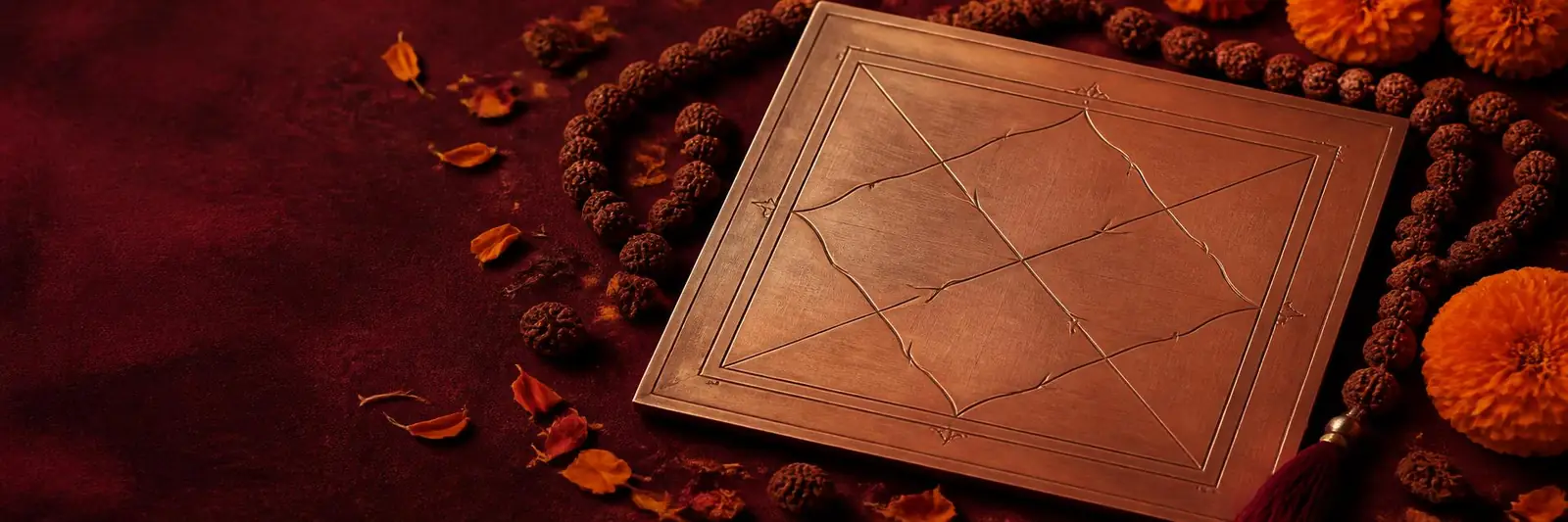 Kundali birth chart on copper plate with rudraksha beads for astrology consultation