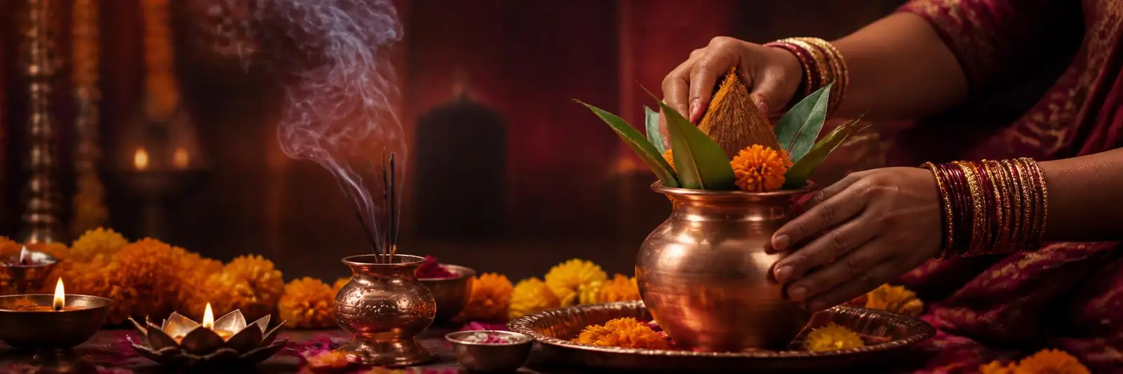 Sacred puja ritual with copper kalash and marigold flowers